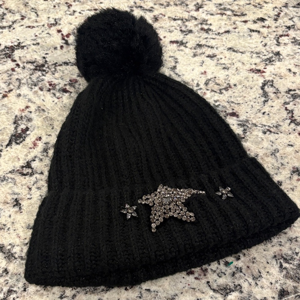Victoria’s Secret glittery Black Knit Pom-Pom Beanie with Star